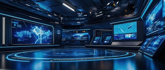 Obraz premium Futuristic Control Room: Advanced Technology and Digital Interfaces