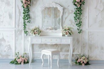 Fototapeta premium White dressing table with mirror and stool in a luxury room,