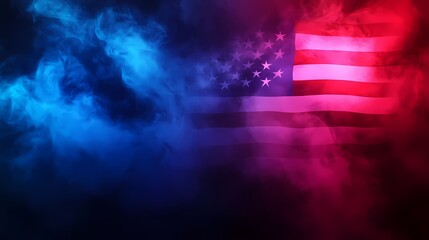 Neon American flag on a dark background with smoke, a light sign or banner in red and blue colors