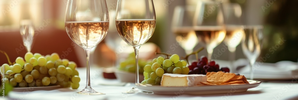 Poster elegant table setting with wine glasses, a cheese platter, and fresh grapes for a delightful gatheri