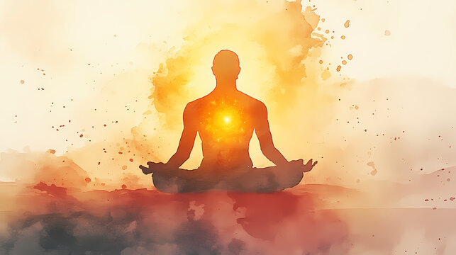 Watercolor of a man in a zen pose, surrounded by a soft auric radiance with chakras glowing gently. auric. illustration. Auric. Illustration