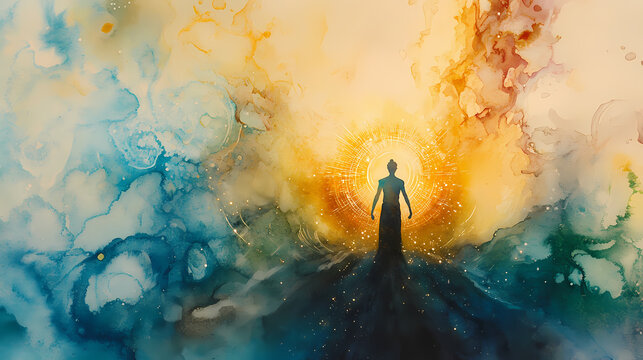 Watercolor of a man in a zen pose, surrounded by a soft auric radiance with chakras glowing gently. auric. illustration. Auric. Illustration