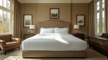 Luxurious hotel bedroom with king-size bed, natural light, and elegant decor.