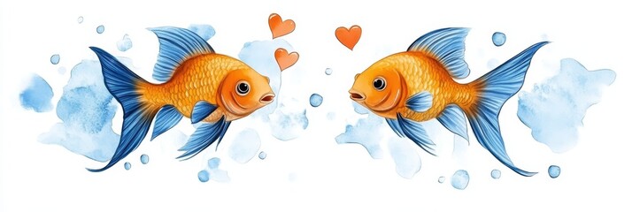 Naklejka premium Watercolor Angelfish Love Duo - Two angelfish, painted in watercolor, face each other, hearts floating between them, symbolizing love, romance, connection, affection, and aquatic life.