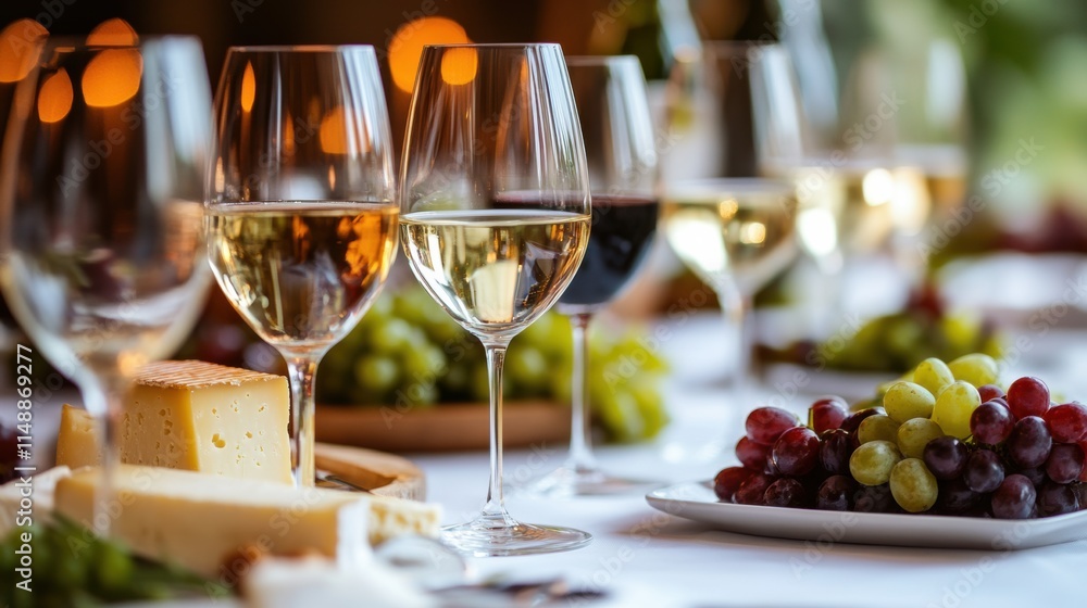 Poster elegant table setting featuring wine glasses, cheese platter, and fresh grapes for a delightful gath