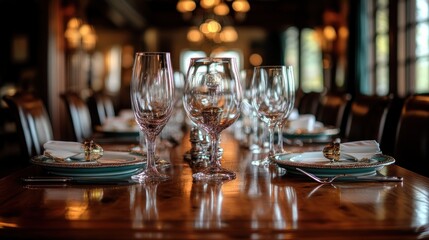 Elegant dinner table setting with wine glasses and plates.