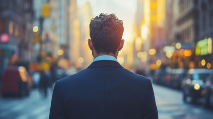 businessman seen from behind, his posture heavy with despair, facing blurred office chaos. The image symbolizes financial crisis, bankruptcy, and the emotional toll of corporate challenges