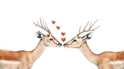 Fototapeta premium Watercolor Antelopes Valentine's Day Kiss - Two watercolor antelopes with intertwined antlers share a tender kiss, symbolizing love, romance, connection, nature, and wildlife.