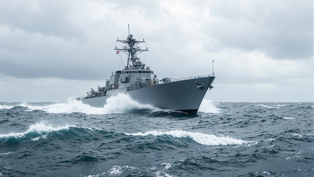 Sleek navy destroyer navigating choppy waters under dramatic sky