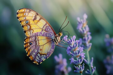 Obraz premium A butterfly with intricate yellow and purple wings fluttering near a soft lavender flower, the image showcasing incredible focus and detail.