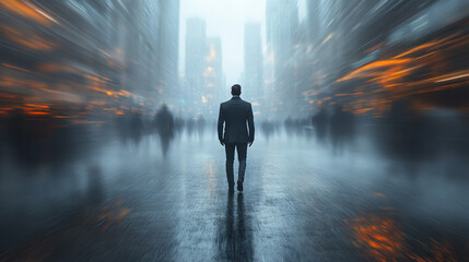 businessman seen from behind, his posture heavy with despair, facing blurred office chaos. The image symbolizes financial crisis, bankruptcy, and the emotional toll of corporate challenges