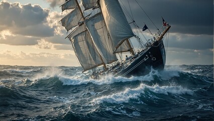 Obraz premium Dramatic sailboat listing in stormy seas at sunset