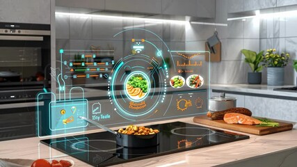 Innovative kitchen with AR cooking guide and digital food preparation display. - Powered by Adobe