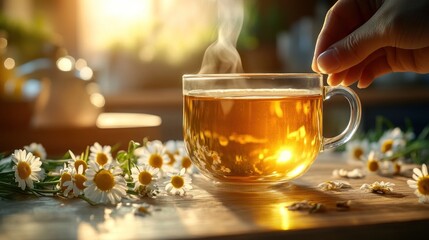 Fototapeta premium Steaming chamomile tea in glass cup at sunrise.