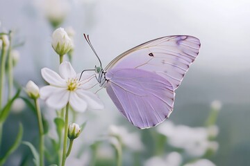 A butterfly with light purple wings hovering over a delicate white flower, the image capturing every tiny detail in ultra-high-definition clarity.