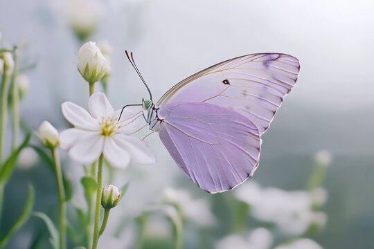 A butterfly with light purple wings hovering over a delicate white flower, the image capturing every tiny detail in ultra-high-definition clarity.