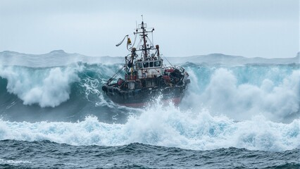 Steel fishing trawler battling giant wave in storm nets flapping water pouring from deck