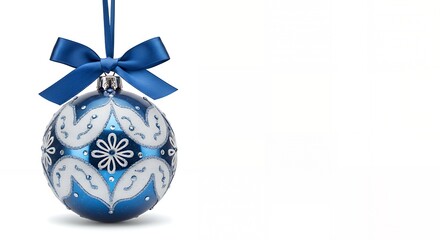 Luxury blue and silver Christmas tree bauble decoration featuring a bow and ribbon on a white background with copy space.