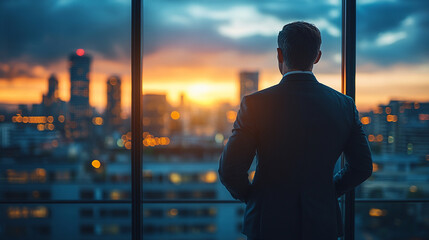 businessman seen from behind, his posture heavy with despair, facing blurred office chaos. The image symbolizes financial crisis, bankruptcy, and the emotional toll of corporate challenges
