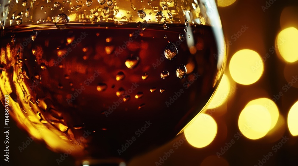 Poster close up of a glass filled with a dark beverage surrounded by glowing warm lights in a cozy atmosphe