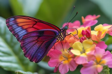 A butterfly with multi-toned wings in shades of red, purple, and black resting on a multi-colored flower with pink, yellow, and orange petals, captured in ultra HD.