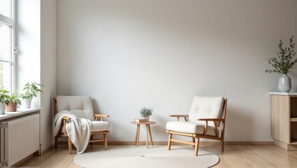 Minimalist living space featuring two wooden armchairs with white cushions, a small wooden table with decor, a woven pampas grass vase, and a large window. Generative, AI,