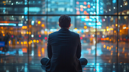 businessman seen from behind, his posture heavy with despair, facing blurred office chaos. The image symbolizes financial crisis, bankruptcy, and the emotional toll of corporate challenges