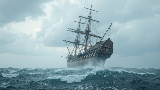 Dramatic image of a wooden clipper ship in a stormy sea with towering waves and storm clouds