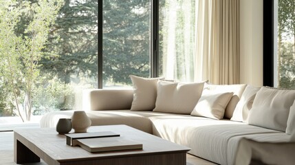 Fototapeta premium Modern minimalist living space with elegant, clean design. Featuring sleek lines and soft colors