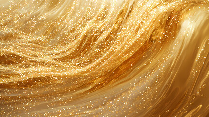 A vibrant golden wave filled with sparkling particles flows dynamically, creating an impression of motion and light, reminiscent of liquid gold in joyous celebration. Auric. Illustration