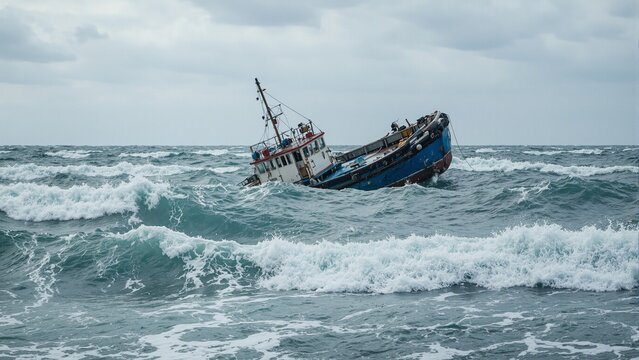 Dramatic image of a sinking fishing boat engulfed by turbulent waves under a stormy sky
