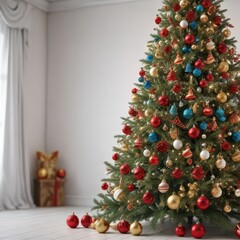Ornate Christmas tree, vibrant decorations, white backdrop, colorful, white background