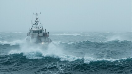 Dramatic image of a fishing trawler battling a storm waves crashing over the deck radio antenna bent