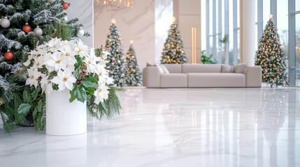 Festive lobby with Christmas trees, poinsettias, and modern sofa.