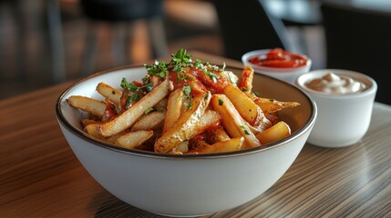 Deliciously crafted fries served with flavorful dipping sauces