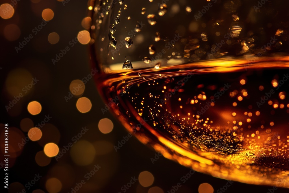 Poster close up of an elegant glass filled with golden liquid against a sparkling background. generative ai