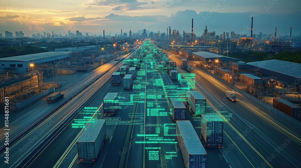 Poster eco friendly logistics hub shows smart tech solutions for efficient supply chain operations. trucks 