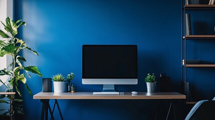 A contemporary workspace with a blue wall, minimalist desk, and a sleek monitor