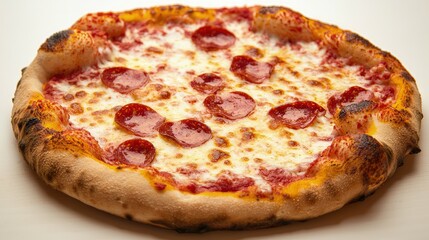 Delicious pepperoni pizza with melted cheese on a white background.