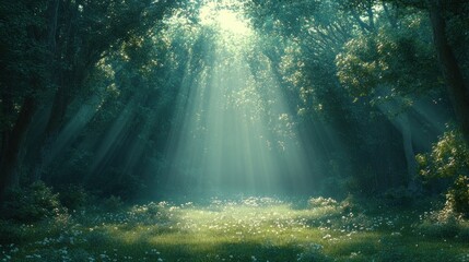 Fototapeta premium Sunbeams illuminate a clearing in a misty forest.