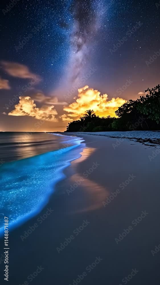 Poster mesmerizing bioluminescent waves glow brightly as soft clouds drift above, creating a tranquil atmos