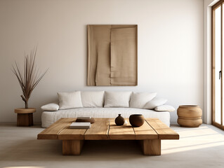 Neutral japandi and wabi sabi style living room with grey stucco walls, light couch and rustic wood coffee table and large artwork on the wall