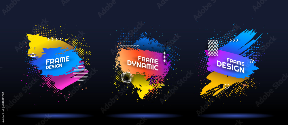 Poster vector illustration. bright color dynamic backgrounds set. modern art graphic. ink brush stroke fram
