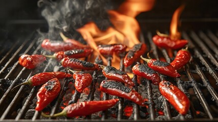 Grilling red chili peppers over an open flame for bold flavors and aroma enhancement