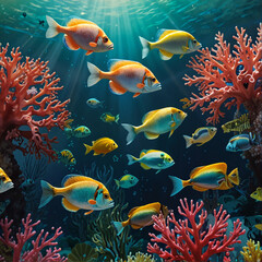 Naklejka premium Sea fish gliding gracefully over a bright coral reef, intricate emerald green and bright yellow patterns