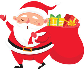 Santa Claus is depicted in a cheerful pose, waving with one hand while carrying a large red bag overflowing with colorful wrapped Christmas gifts, radiating the festive spirit of Christmas