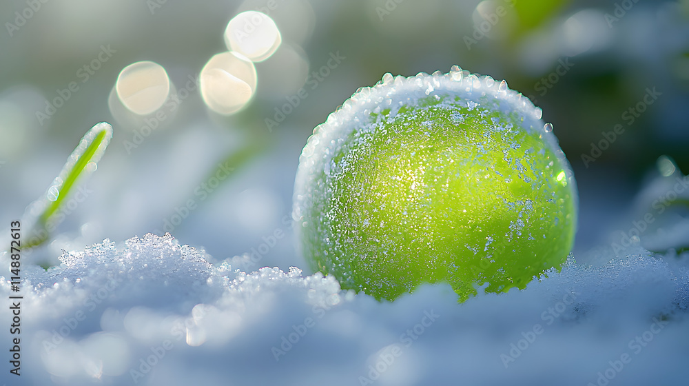 Aufkleber a vibrant green apple, dusted with a delicate layer of frost, rests nestled in a bed of pristine sno