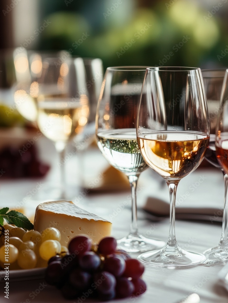 Poster elegant table setting with wine glasses and gourmet cheese platter for a social gathering. generativ
