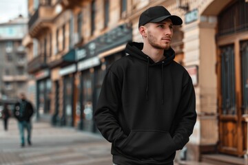 Fototapeta premium Mockup of man in black hoodie with space for logo.