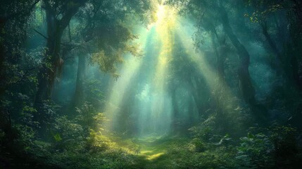 Obraz premium Sunbeams illuminate a misty, ethereal forest path.